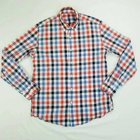 J Crew Medium Lightweight Button Down Red White Blue Long Sleeve Cotton Shirt - Picture 1 of 7
